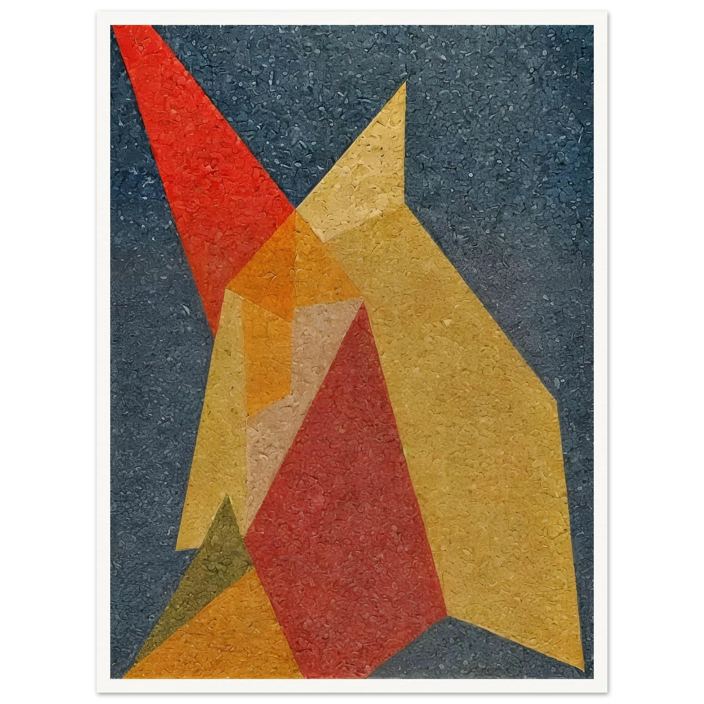 Bold overlapping polygons in red, yellow, and orange intersect over a textured navy background, evoking fiery movement and tension.