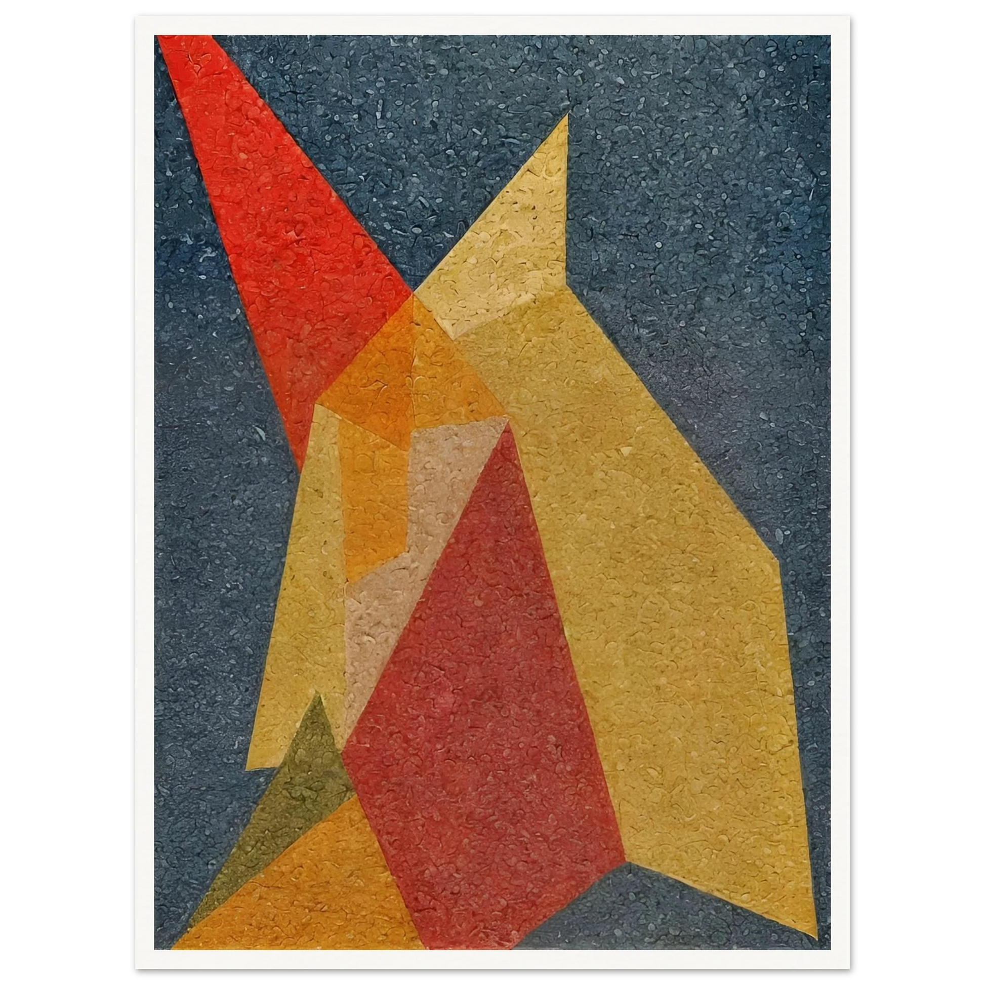 Bold overlapping polygons in red, yellow, and orange intersect over a textured navy background, evoking fiery movement and tension.