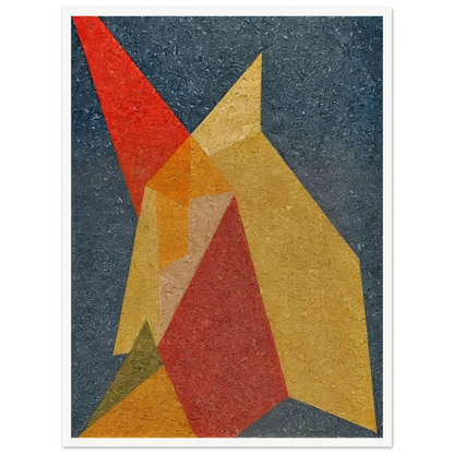 Bold overlapping polygons in red, yellow, and orange intersect over a textured navy background, evoking fiery movement and tension.