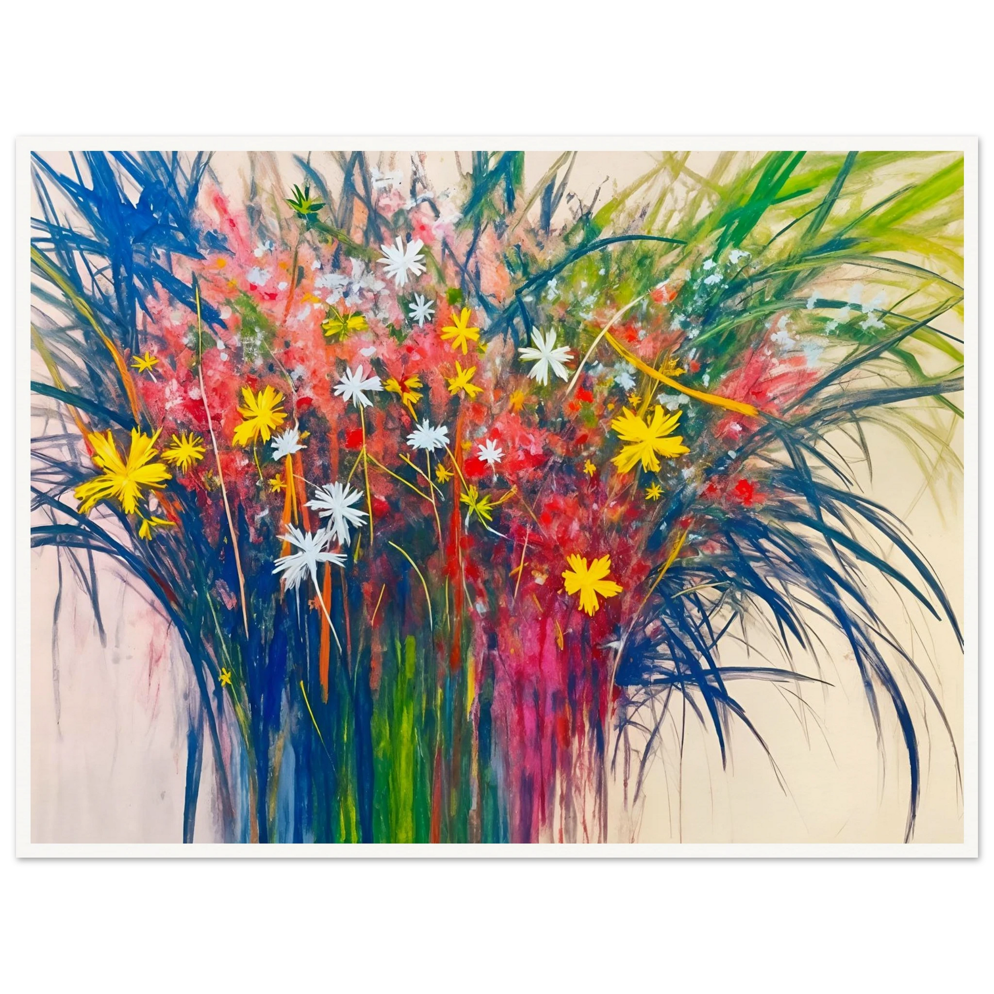 A vibrant explosion of wildflowers in yellow, red, and white bursts from lush green stems, radiating energy and joy.