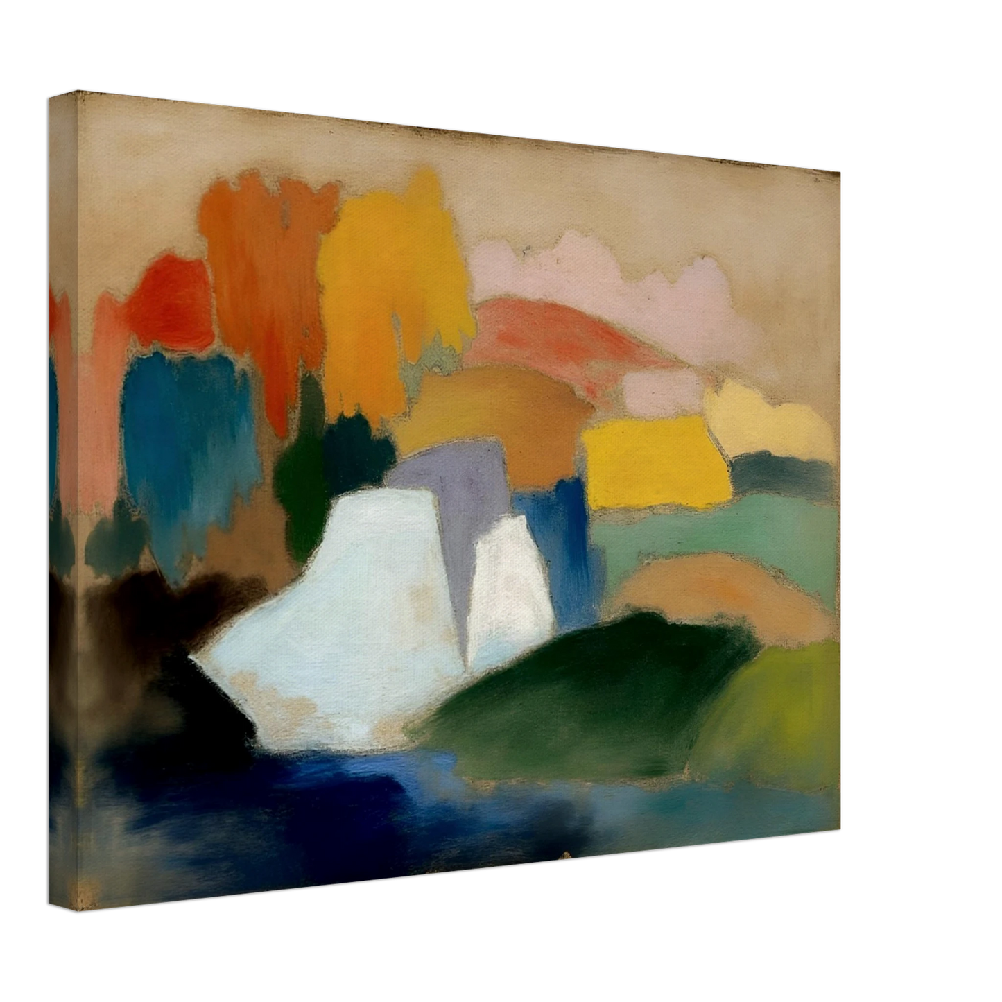 Soft fields, pale hills, and blue water blend with warm trees in a calm landscape.