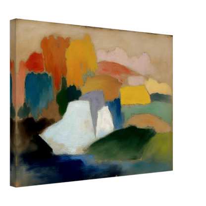 Soft fields, pale hills, and blue water blend with warm trees in a calm landscape.