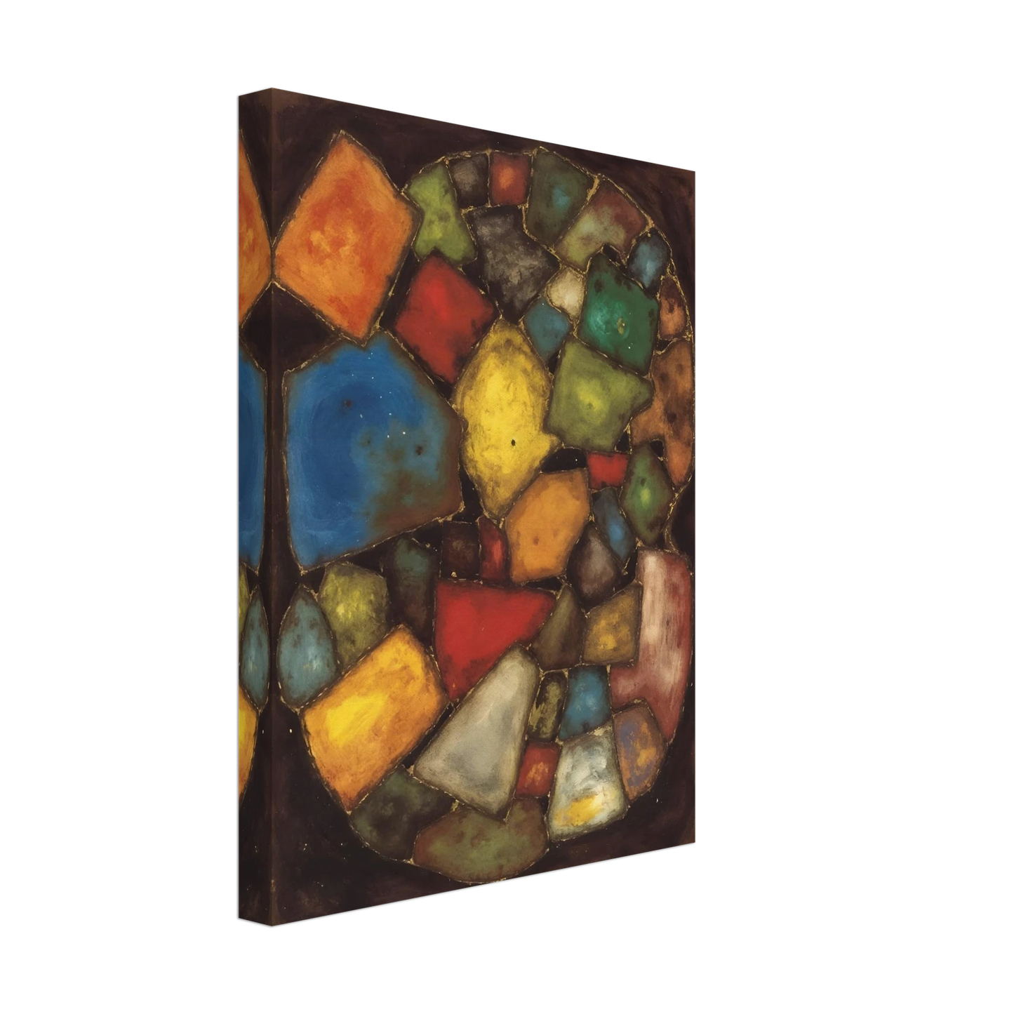 An abstract painting composed of colorful geometric shapes resembling polished stones or stained-glass fragments arranged within an oval composition against a dark background.