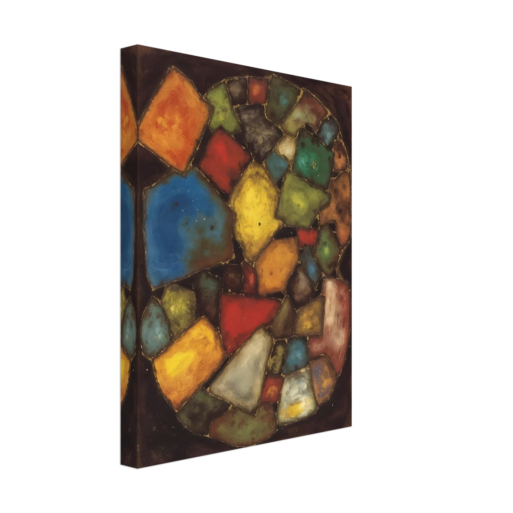 An abstract painting composed of colorful geometric shapes resembling polished stones or stained-glass fragments arranged within an oval composition against a dark background.