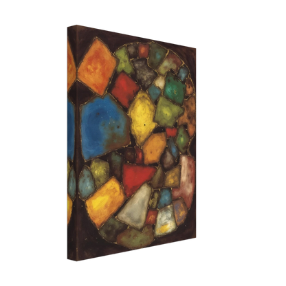 An abstract painting composed of colorful geometric shapes resembling polished stones or stained-glass fragments arranged within an oval composition against a dark background.