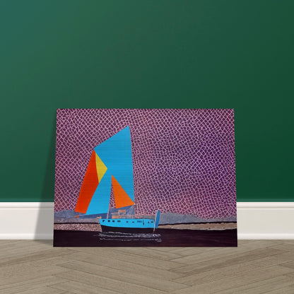 A sailboat with bright, geometric sails of blue, orange, and yellow floats on dark waters beneath a purple, textured sky, evoking adventure and vibrancy.