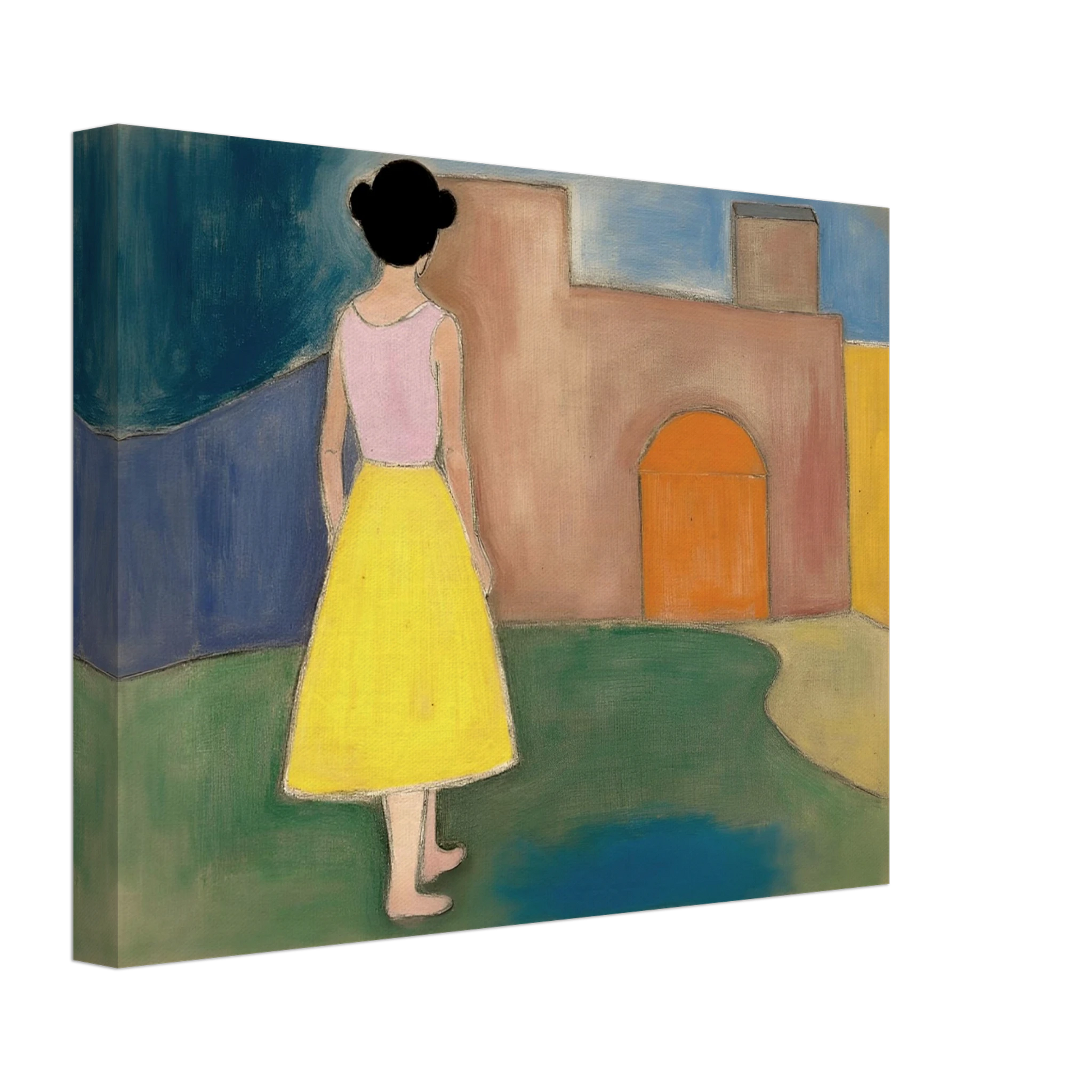 A girl in a yellow skirt faces a soft courtyard with an orange arched door and muted walls.
