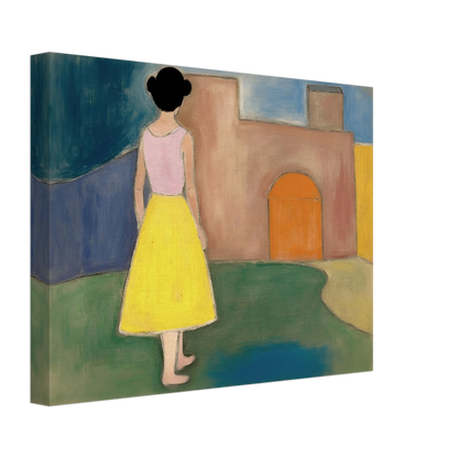 A girl in a yellow skirt faces a soft courtyard with an orange arched door and muted walls.