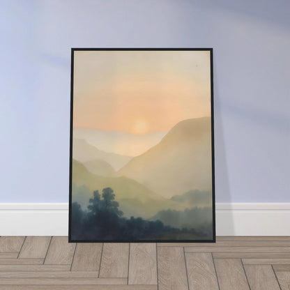 Soft sunrise glows over misty layered hills and dark trees in a quiet pastel landscape.