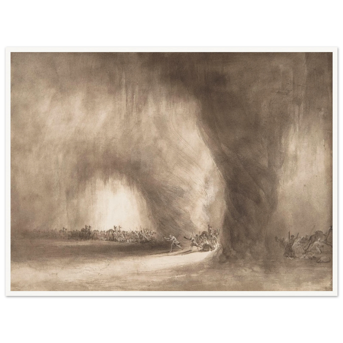 Small figures face a towering storm cloud in a sepia-toned landscape of wind and light.