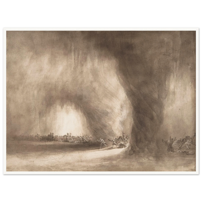 Small figures face a towering storm cloud in a sepia-toned landscape of wind and light.