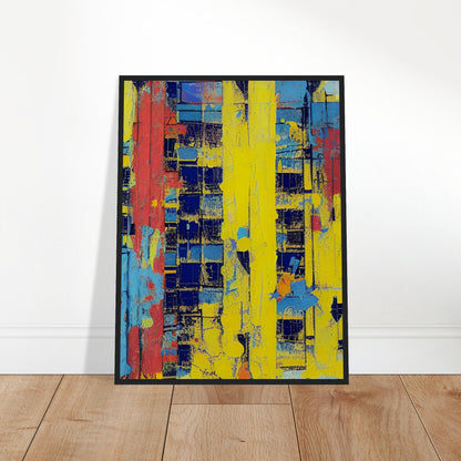 Vibrant abstract painting featuring bold strokes of red, yellow, and blue with a textured, geometric pattern.