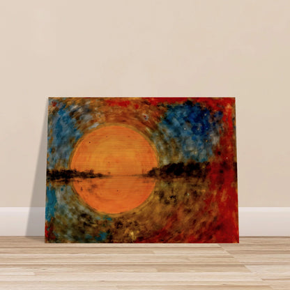 A radiant orange sun glows over reflective waters, framed by fiery reds, deep blues, and textured skies in a dreamlike scene.
