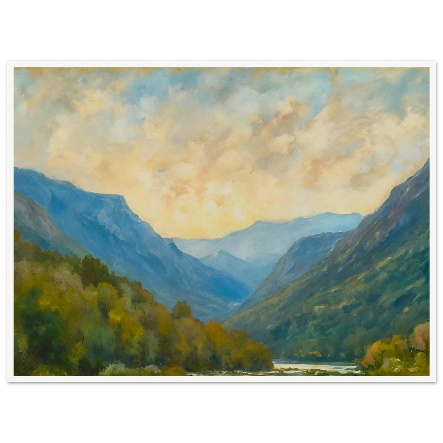 Peaceful mountain valley scene with layered blue ridges, autumn foliage, and a cloudy golden sky.