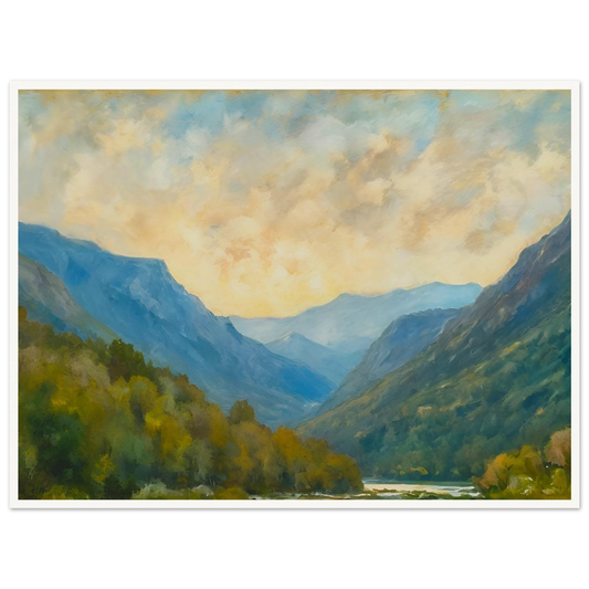 Peaceful mountain valley scene with layered blue ridges, autumn foliage, and a cloudy golden sky.