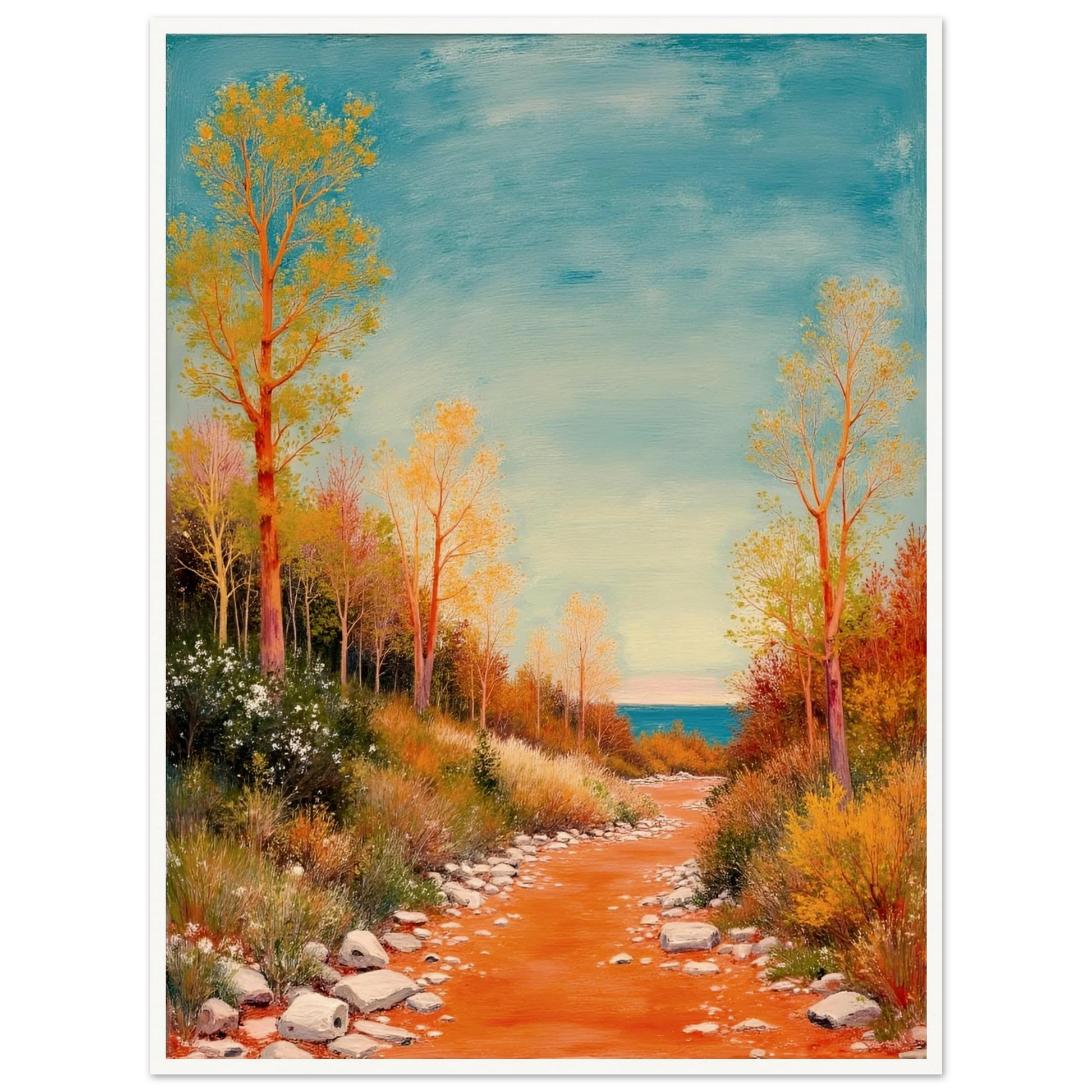 A vivid autumn trail lined with golden trees leads to a calm blue horizon, blending warmth, peace, and gentle adventure.