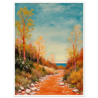 A vivid autumn trail lined with golden trees leads to a calm blue horizon, blending warmth, peace, and gentle adventure.