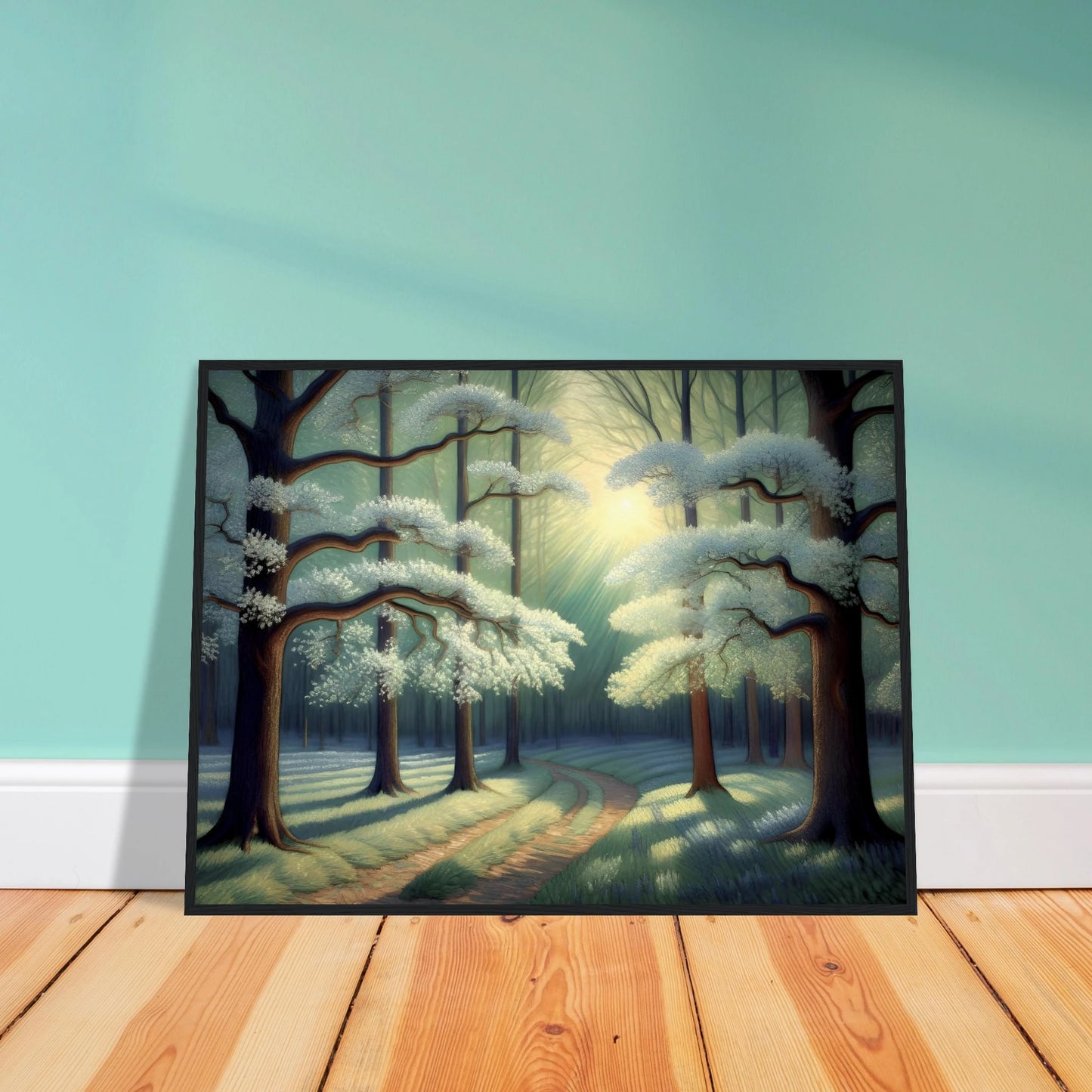 A tranquil forest path curves under flowering trees bathed in morning light, casting soft shadows across mossy ground.