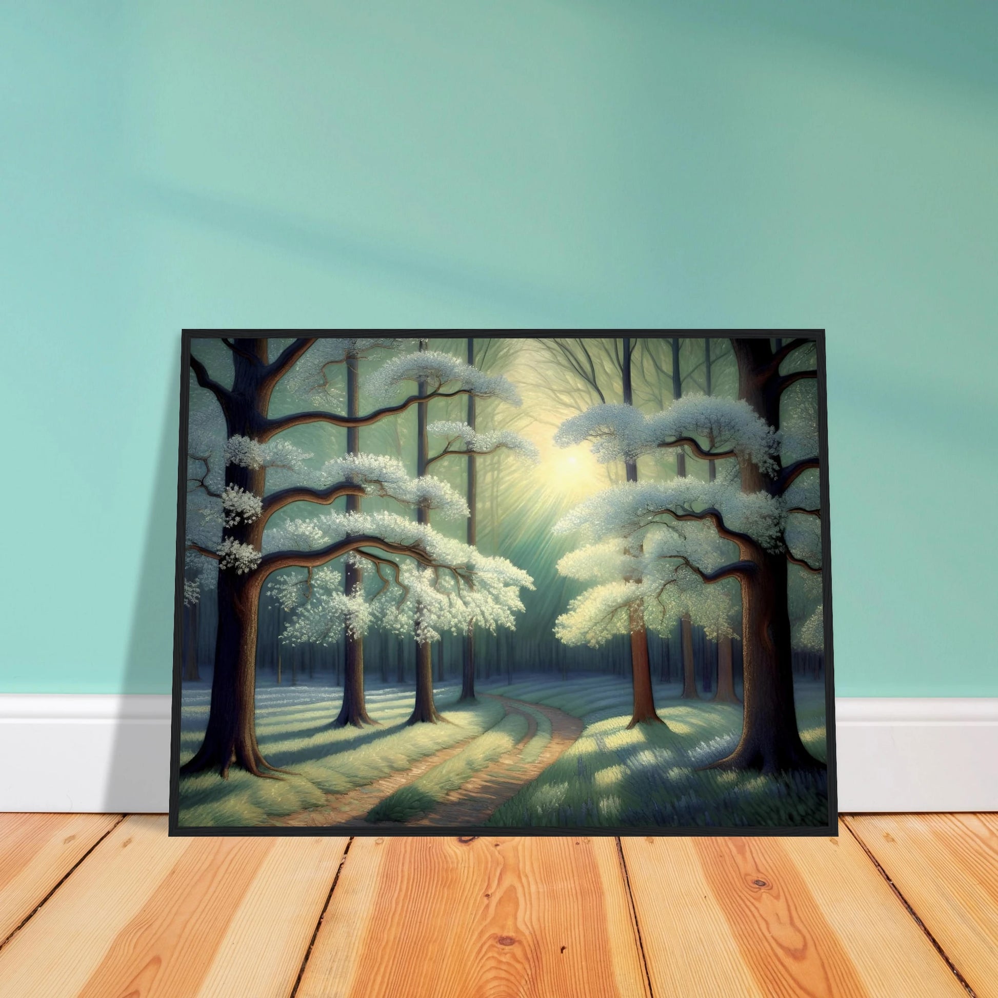 A tranquil forest path curves under flowering trees bathed in morning light, casting soft shadows across mossy ground.