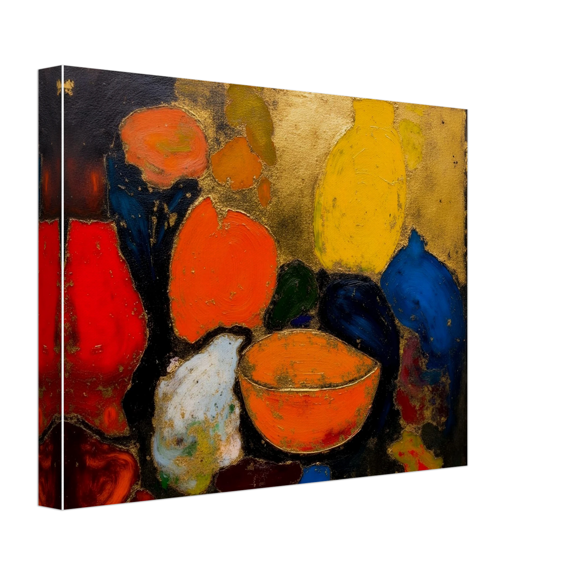 Colorful still life with yellow and blue vases, orange bowl, red fruit, and dark textured background.