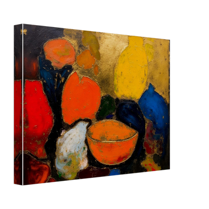 Colorful still life with yellow and blue vases, orange bowl, red fruit, and dark textured background.