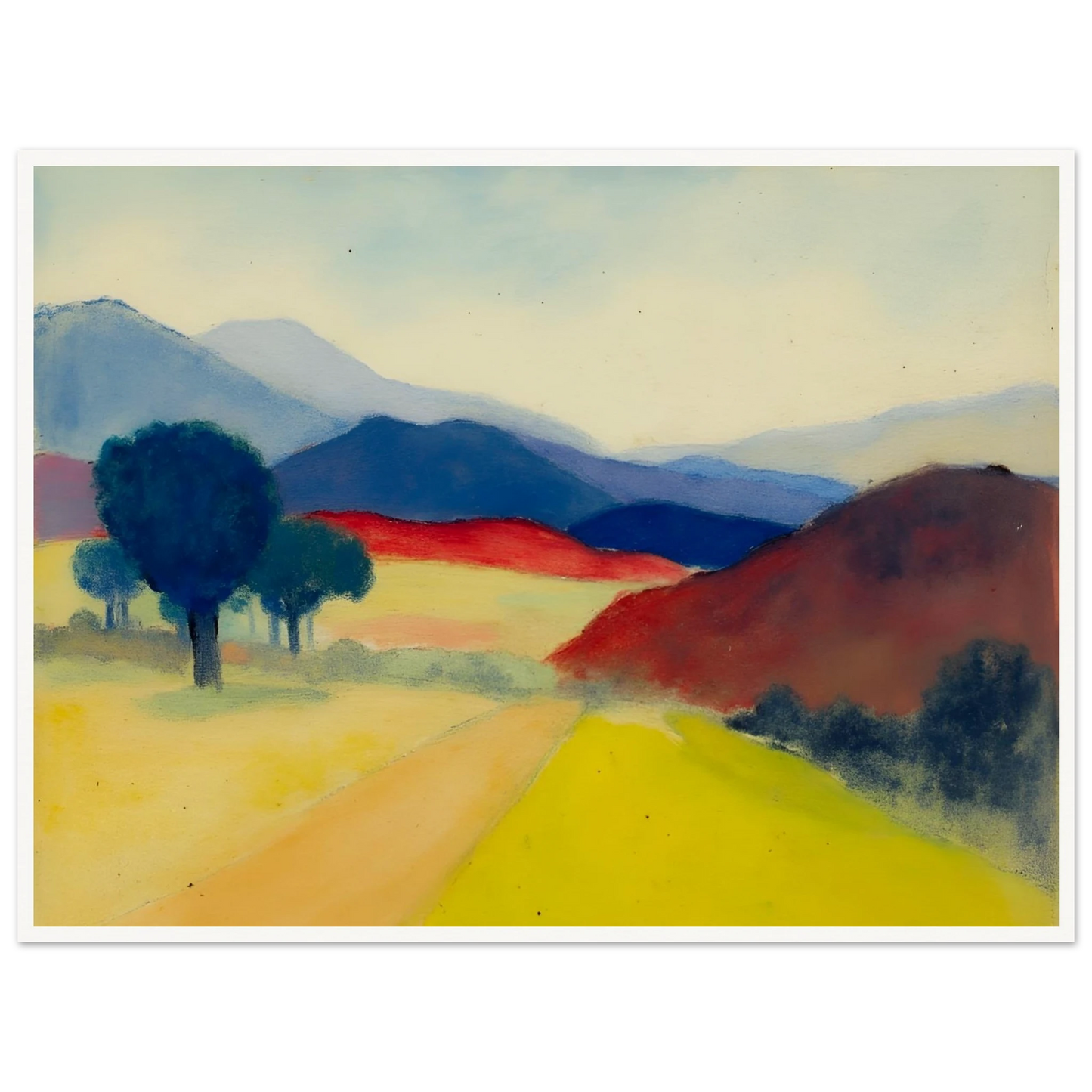 A serene expressionist landscape featuring a pale country road winding through golden fields, deep blue trees, crimson hills, and layered mountains fading into the distance beneath a soft sky.