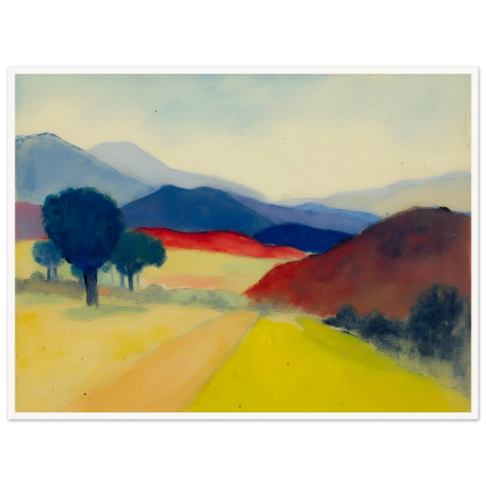 A serene expressionist landscape featuring a pale country road winding through golden fields, deep blue trees, crimson hills, and layered mountains fading into the distance beneath a soft sky.