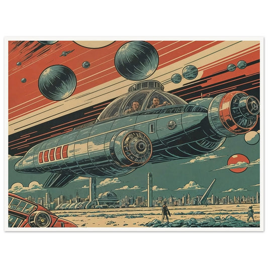 A retro-futuristic artwork featuring a sleek spaceship hovering over a futuristic cityscape, with multiple planets and celestial bodies in the background.