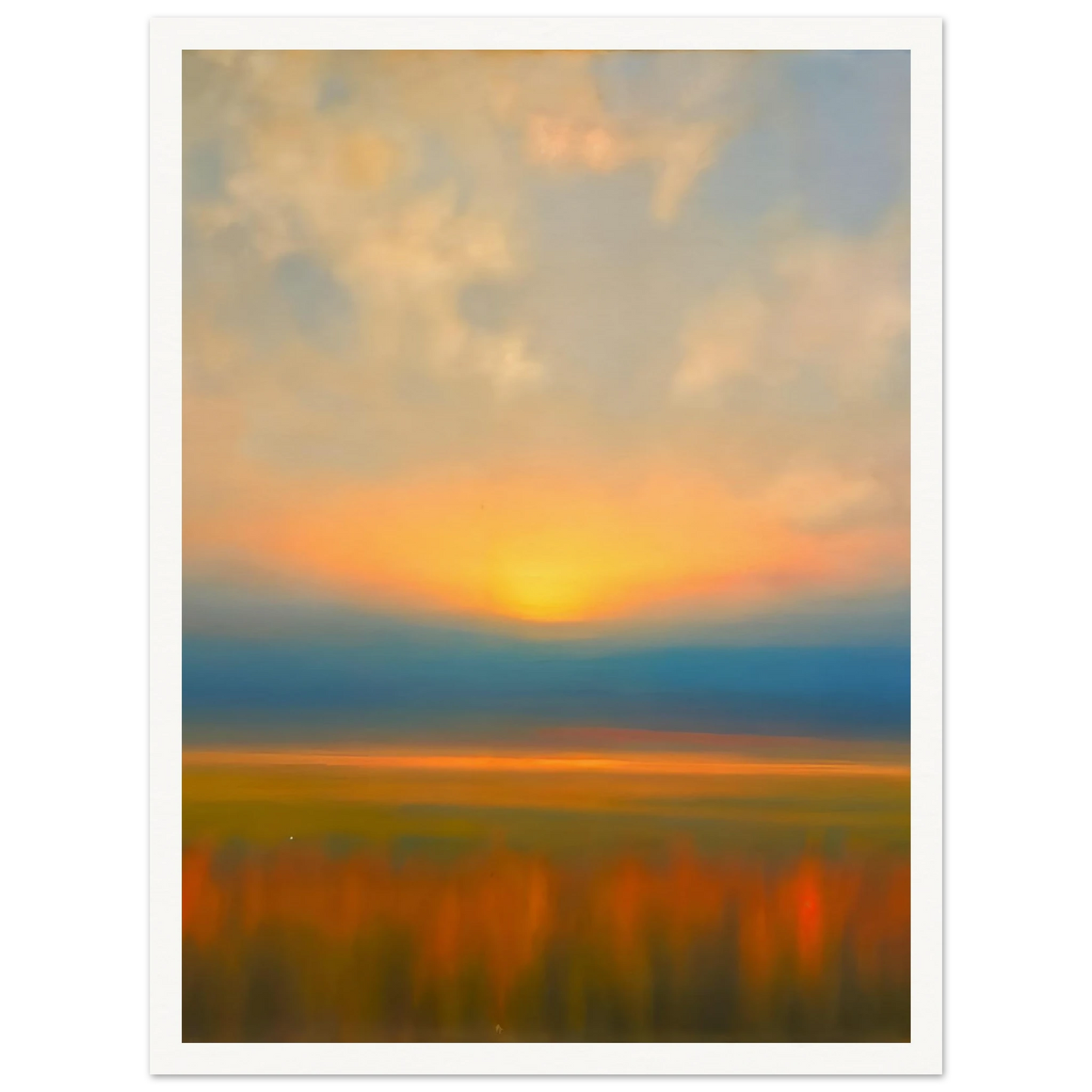 Golden sunset melts into blue horizon above blurred amber fields, creating a tranquil dreamscape of warmth and fading light.
