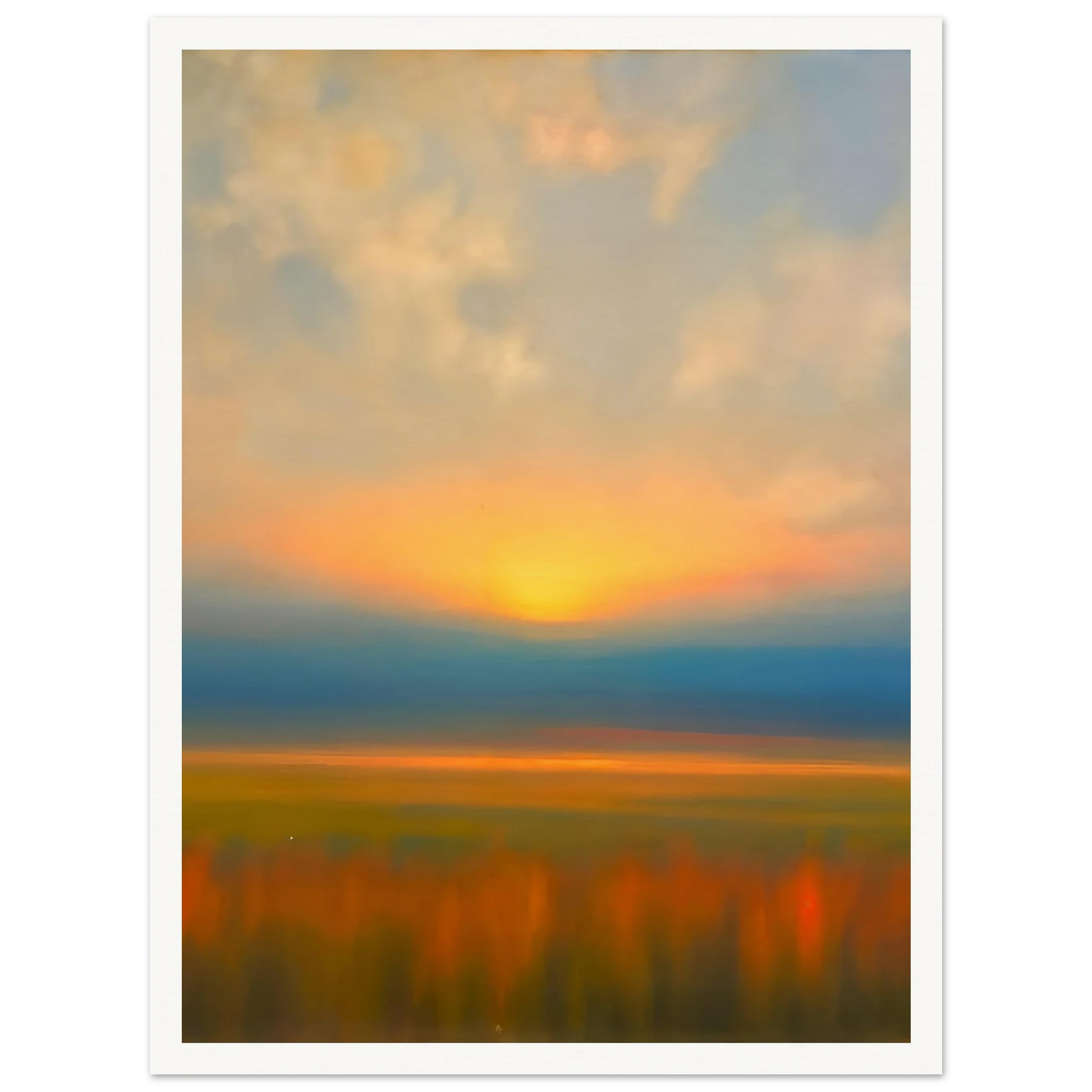 Golden sunset melts into blue horizon above blurred amber fields, creating a tranquil dreamscape of warmth and fading light.