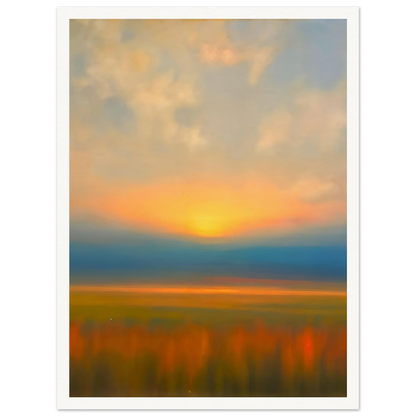 Golden sunset melts into blue horizon above blurred amber fields, creating a tranquil dreamscape of warmth and fading light.