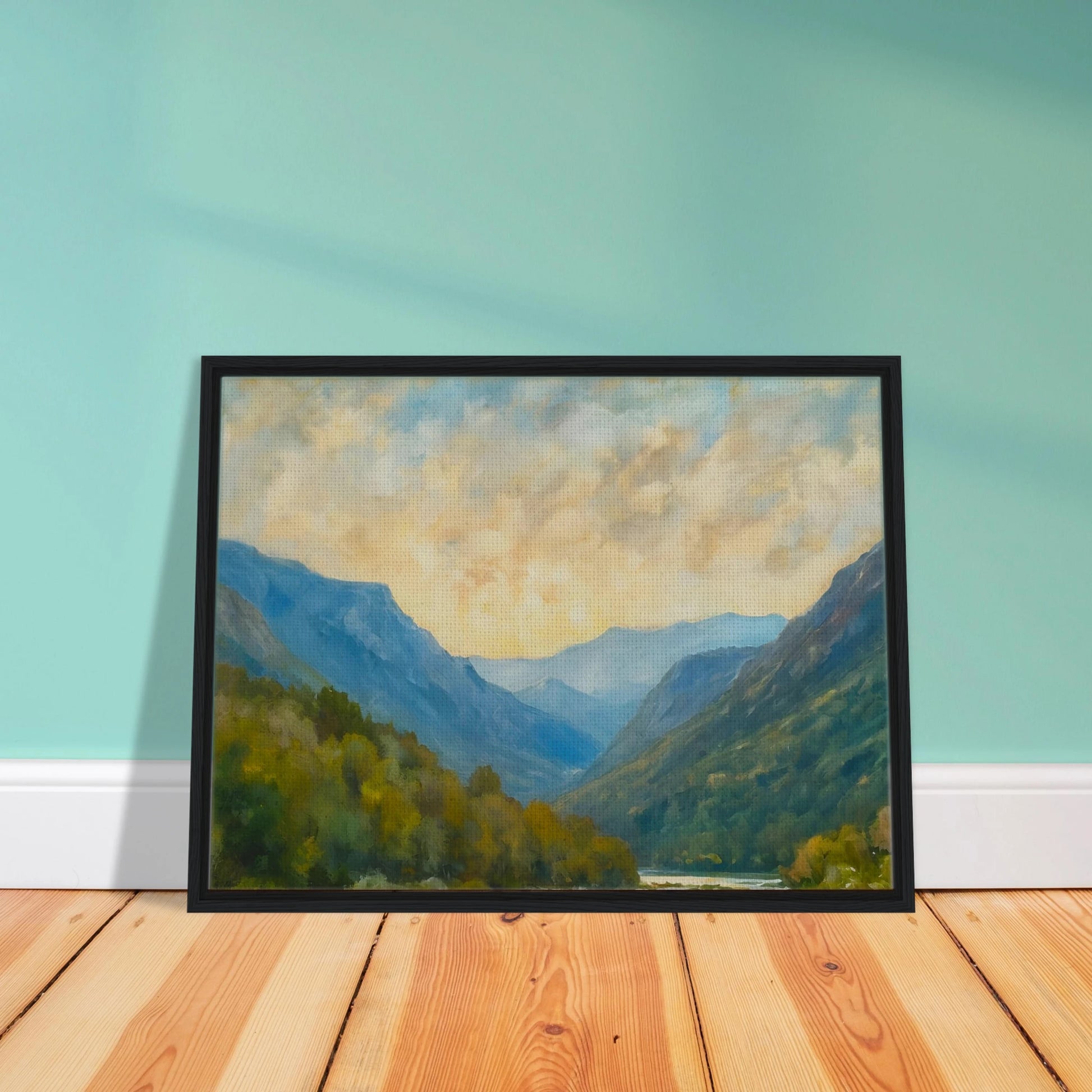 Peaceful mountain valley scene with layered blue ridges, autumn foliage, and a cloudy golden sky.