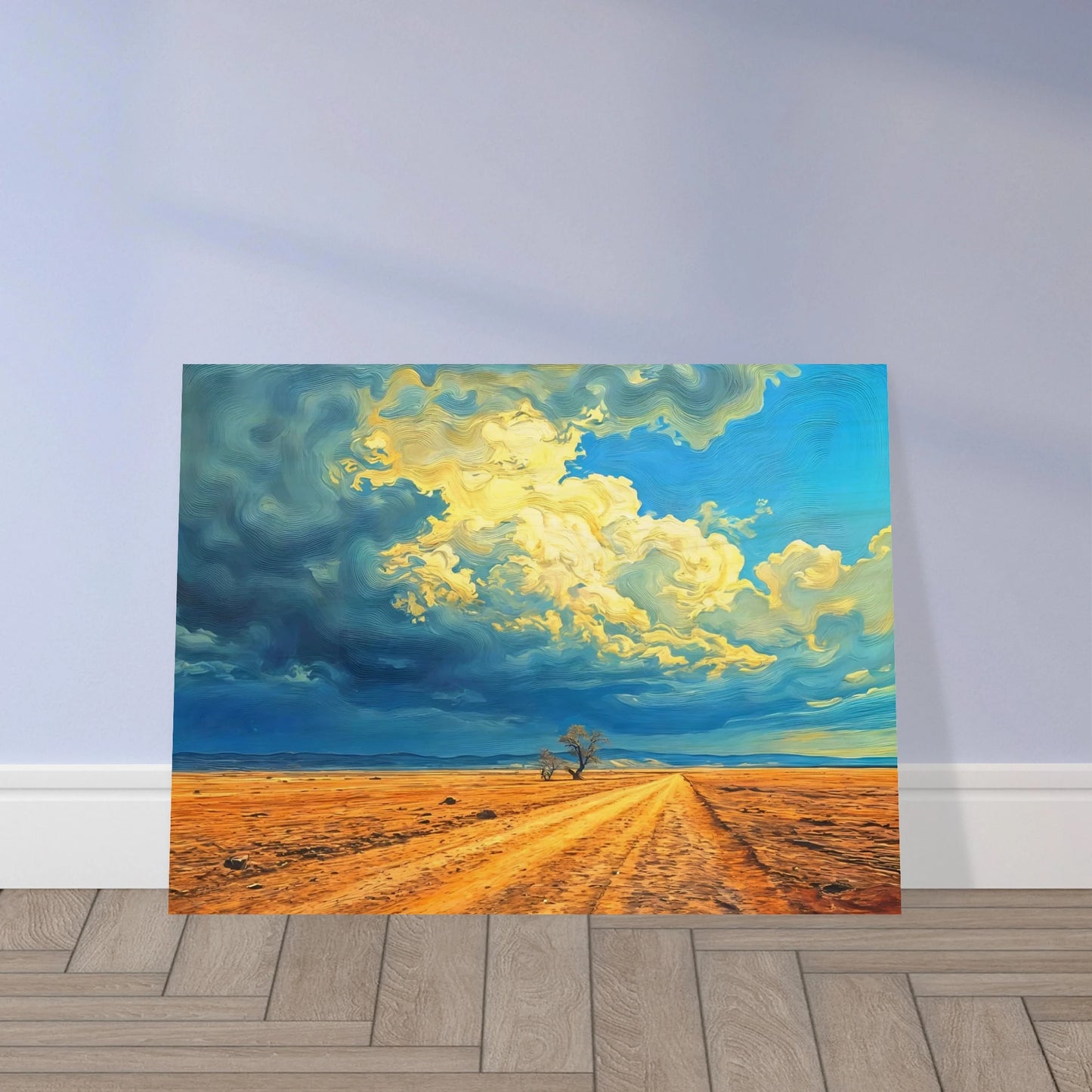 A golden dirt road stretches through an open desert under swirling clouds of blue and gold, evoking strength and solitude.