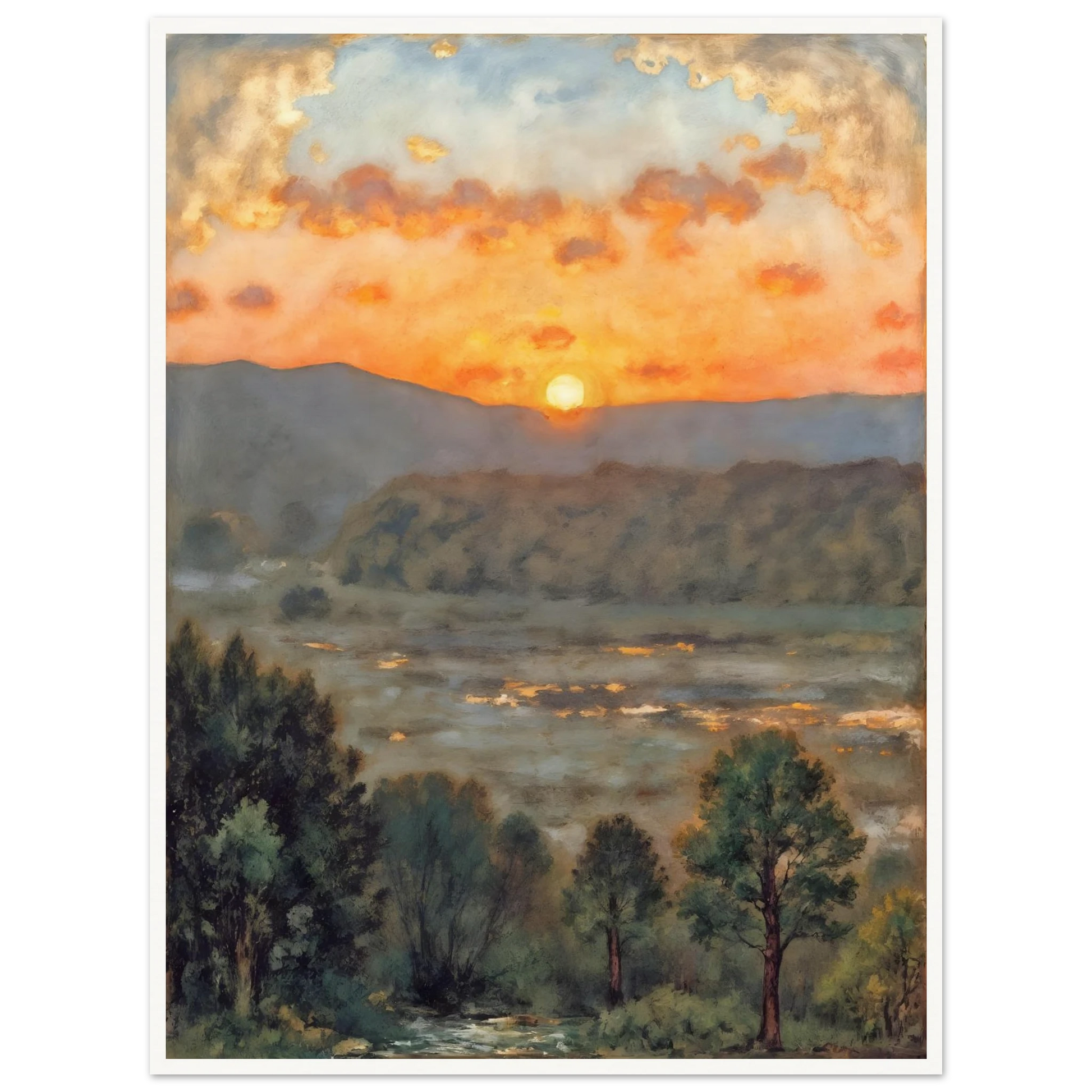 A glowing sunset over misty hills and a river valley, where the sky burns in orange light above soft green trees.