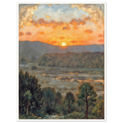 A glowing sunset over misty hills and a river valley, where the sky burns in orange light above soft green trees.