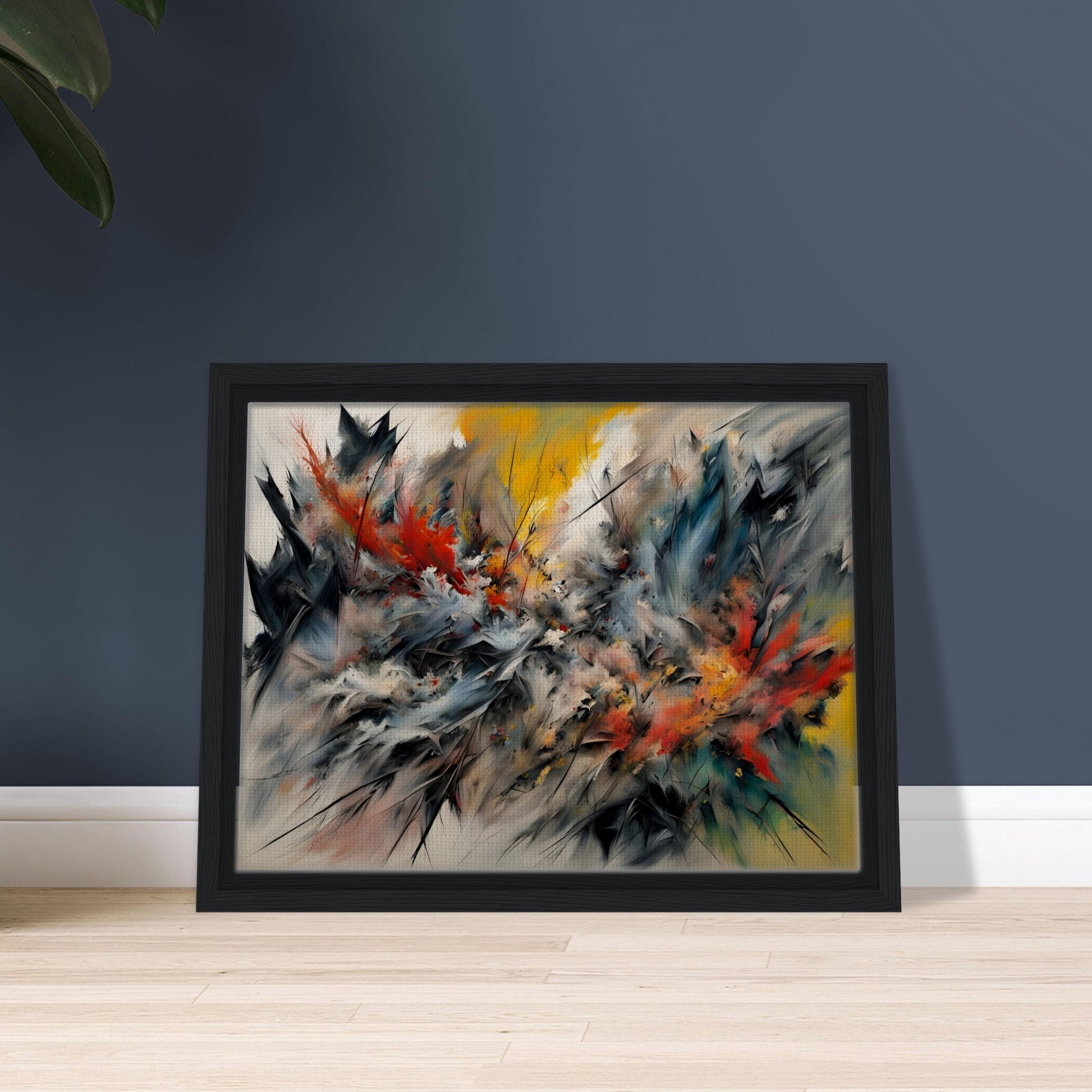 A striking painting with energetic brushstrokes of fiery red, deep blue, and golden yellow, resembling an intense natural explosion.