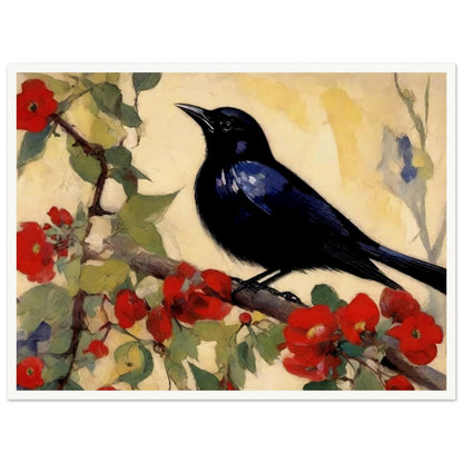 "A striking painting of a blackbird perched on a branch with vibrant red blossoms and green leaves, set against a soft, light background."