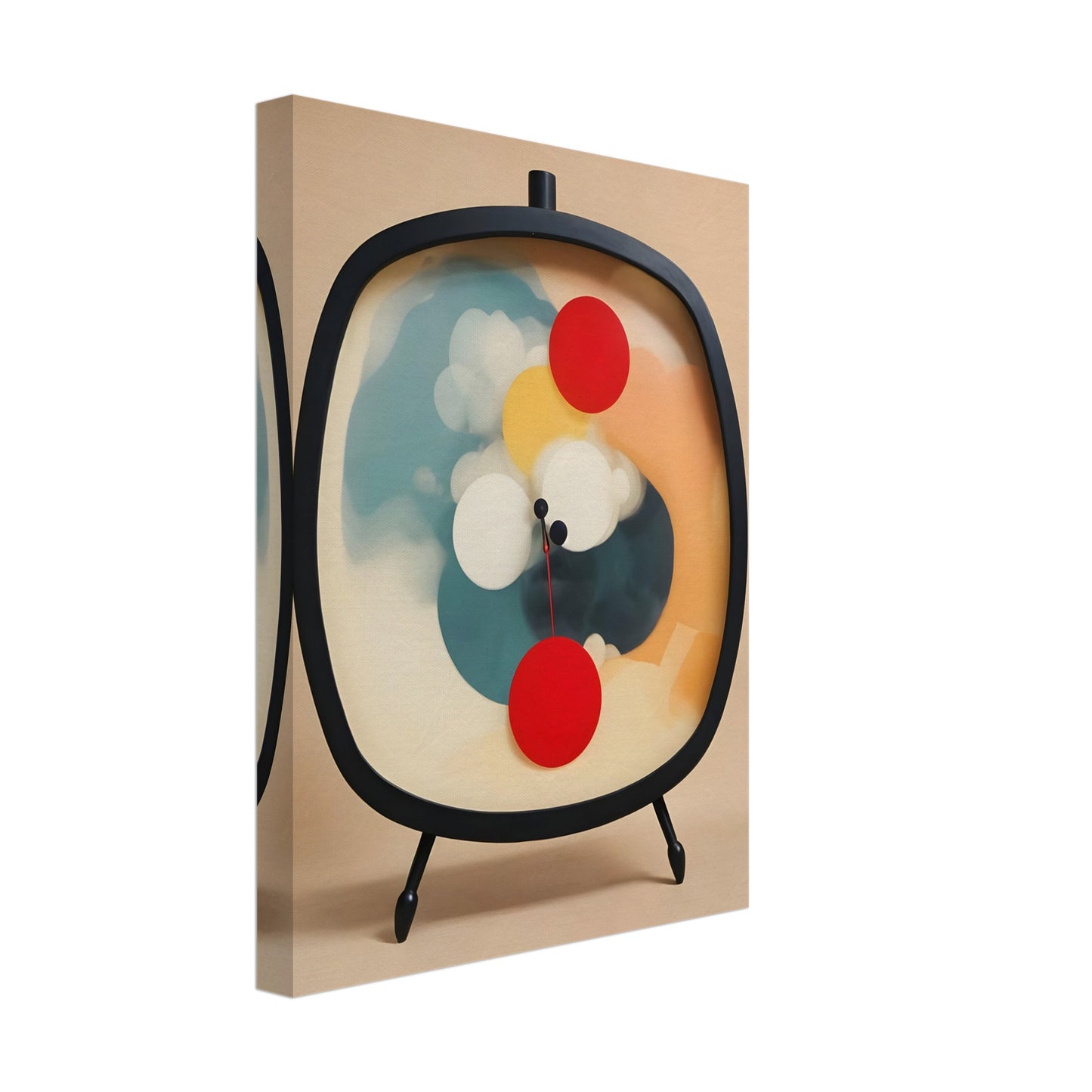 An abstract artwork of a clock with a black oval frame and tripod legs, featuring vibrant circular shapes in red, yellow, white, and teal against a soft beige background.