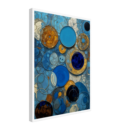 An abstract painting featuring various shades of blue and orange circular patterns overlapping in a dynamic composition.