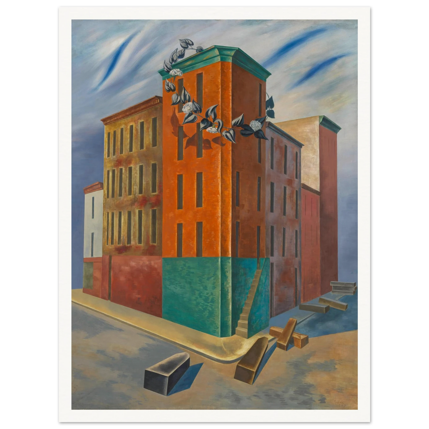 Colorful tenement buildings rise over an empty street with scattered blocks and a flowering vine beneath a blue sky.