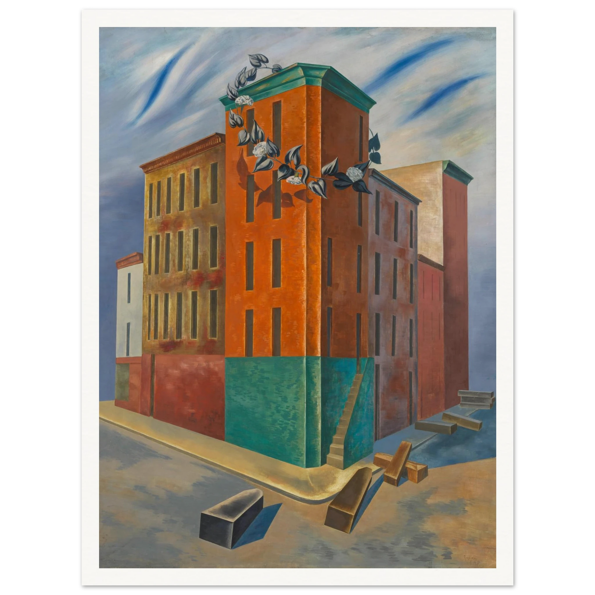 Colorful tenement buildings rise over an empty street with scattered blocks and a flowering vine beneath a blue sky.