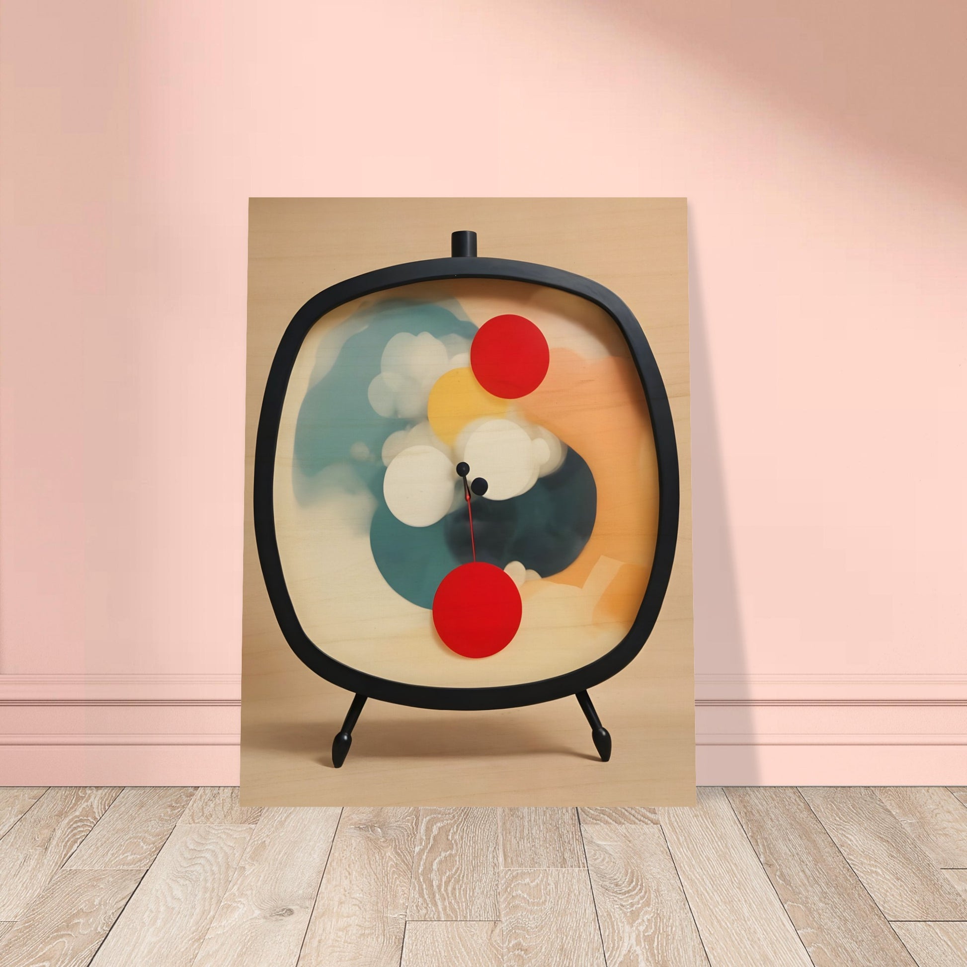 An abstract artwork of a clock with a black oval frame and tripod legs, featuring vibrant circular shapes in red, yellow, white, and teal against a soft beige background.