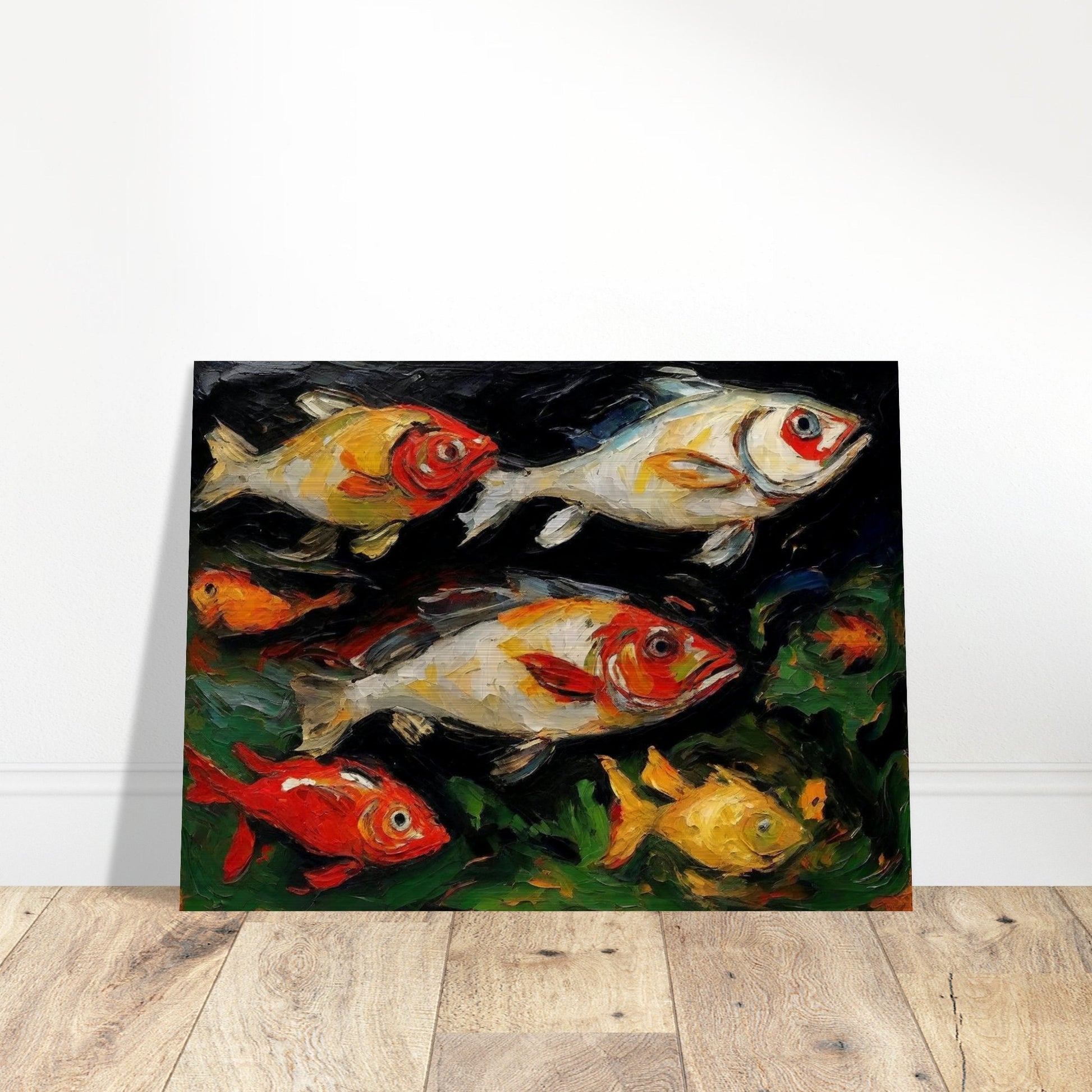 A vibrant painting of multiple colorful fish swimming in a dark aquatic environment, showcasing dynamic brushstrokes and rich hues.