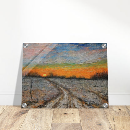 A painting of a winding dirt road at sunset, with vibrant colors filling the sky and bare trees lining the landscape.