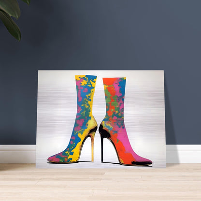 Vibrant high-heeled boots adorned with splashes of bold colors, creating a striking and fashionable design on a neutral background.