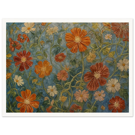 A detailed painting of various orange and white flowers with lush green stems against a blue background.