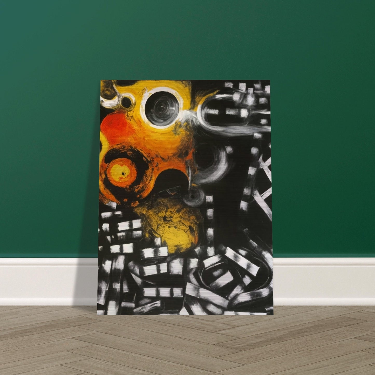 Abstract painting with fiery orange and yellow circles against a dark background, evoking a sense of cosmic energy and motion.