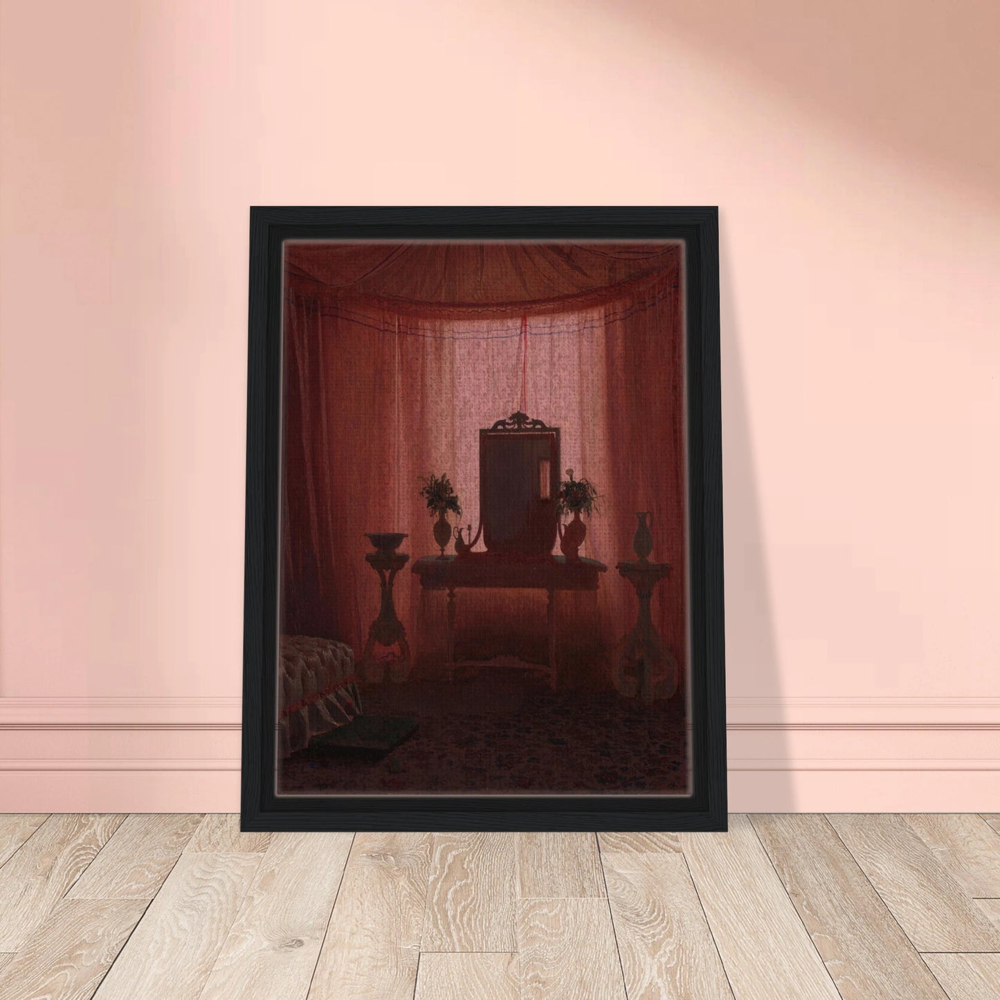 A softly lit bedroom glows through pink drapery, framing a mirror, flower vases, elegant furniture, and part of a bed.