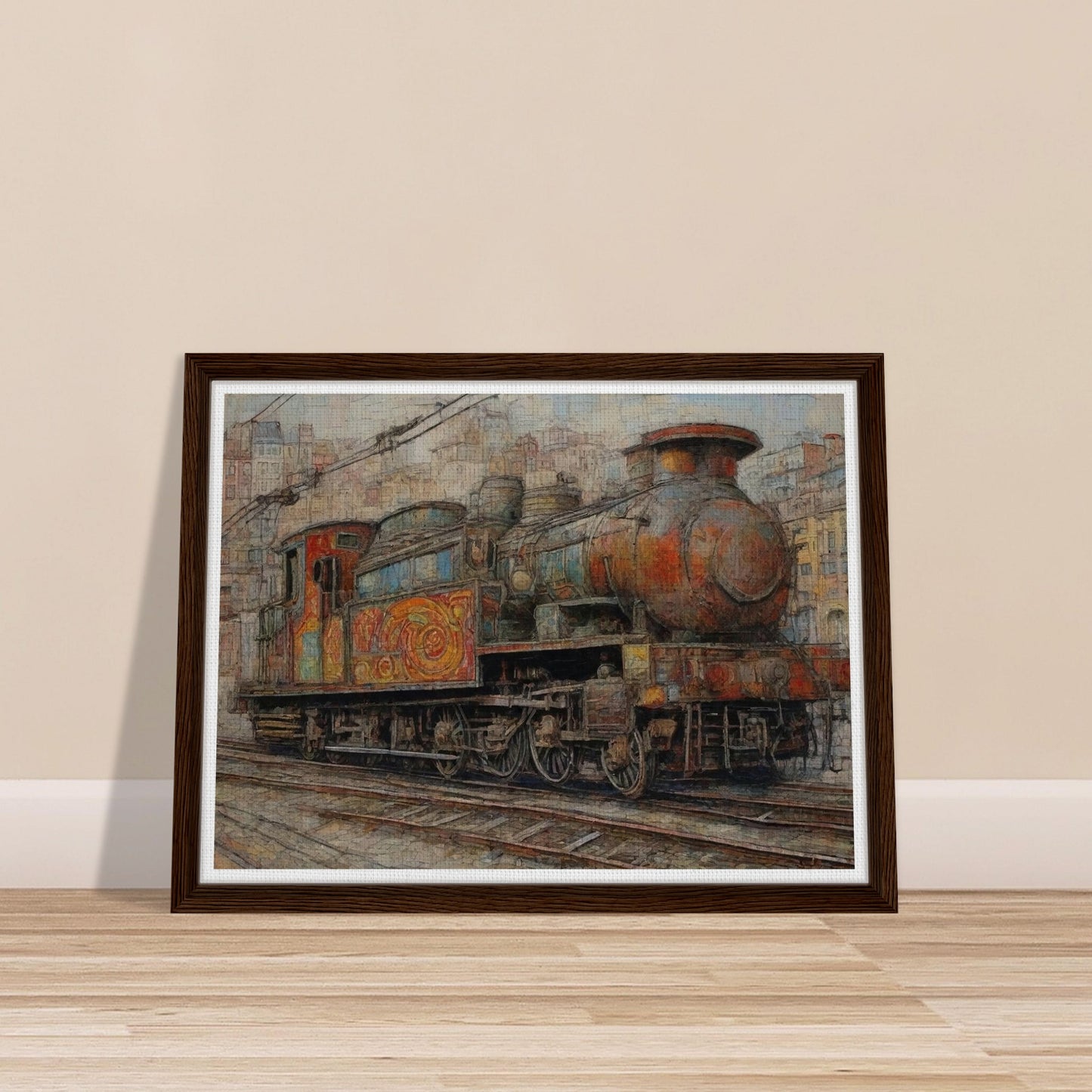 "A detailed painting of a colorful, weathered steam locomotive in an urban setting, showcasing intricate patterns and a sense of nostalgia for vintage travel."