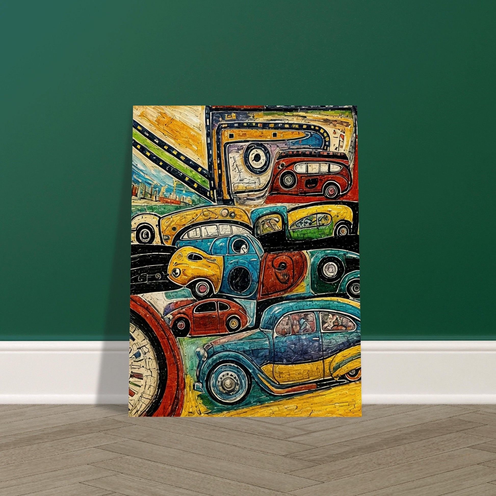 A lively artwork featuring vibrant, multi-colored vintage cars in various shapes and sizes on a winding road, showcasing a playful take on travel and motion.